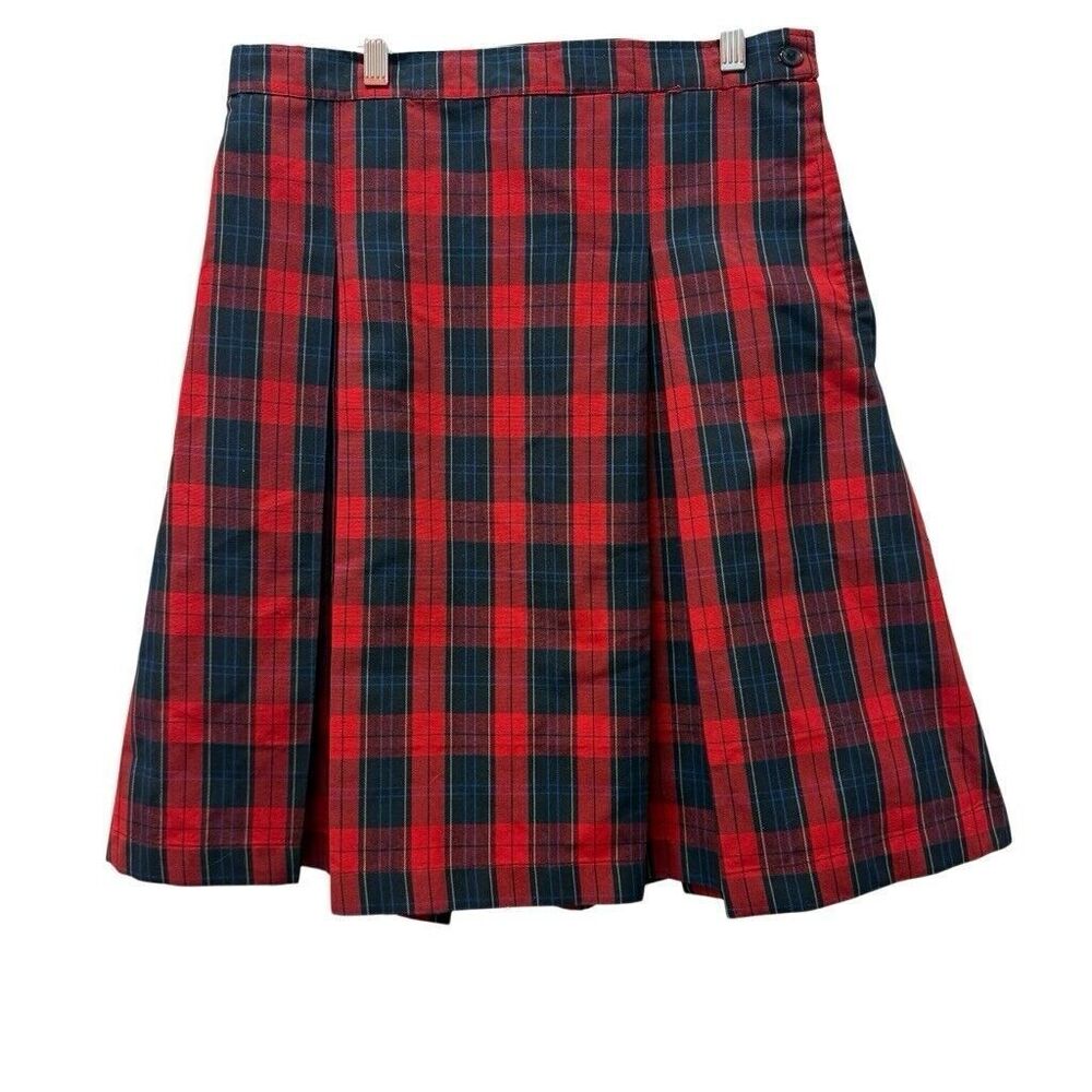 Vintage Navy & Red Plaid Skirt Uniform Pleats‎ Size Medium Made In USA